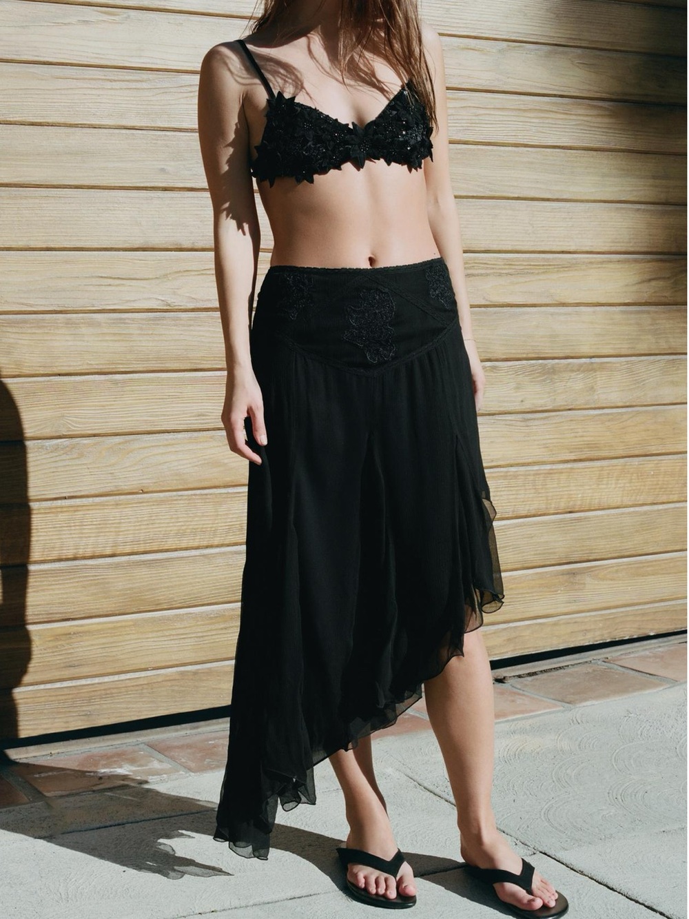 NWT Zara Asymmetric Embroidered Gauze Skirt Black M